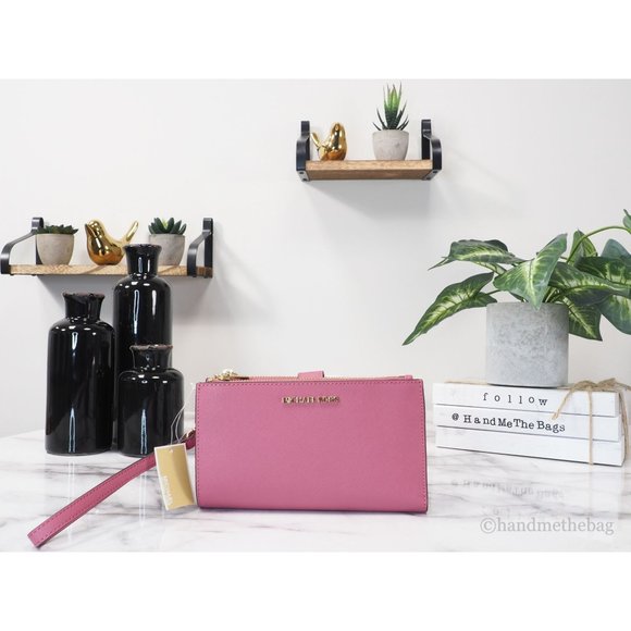 NEW Michael Kors Jet Set Travel Large Wristlet Pink Leather Double Zip Wallet - Picture 2 of 8